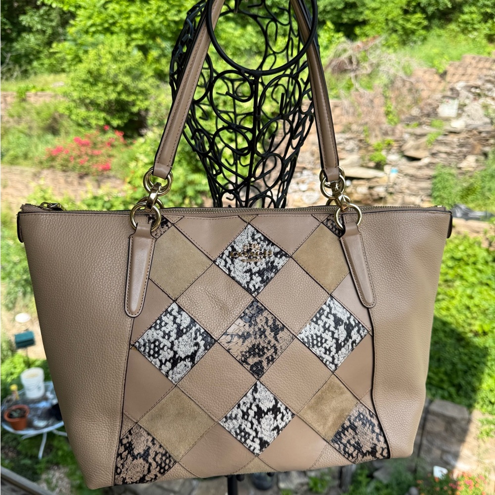 Coach Ava Tote Mixed Media Patchwork Leather Suede Snake Beige Tan Gold Bag